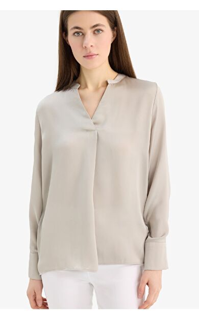 Regular Fit Apaş Yaka Saten Uzun Kollu Bluz