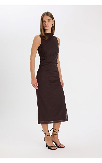 DeFacto Bodycon Yarım Balıkçı Yaka Tül Kolsuz Midi Elbise