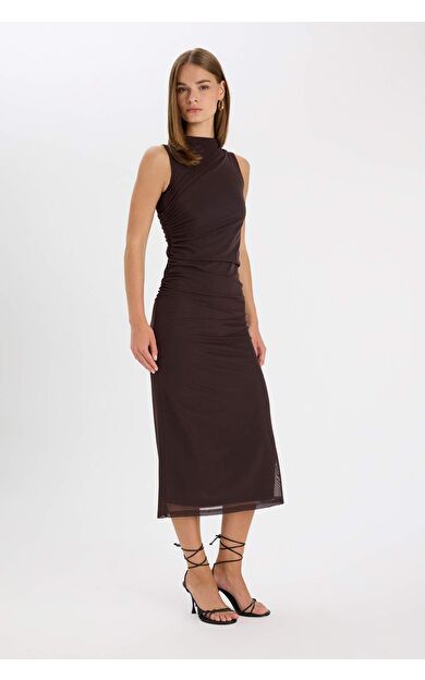 Bodycon Yarım Balıkçı Yaka Tül Kolsuz Midi Elbise