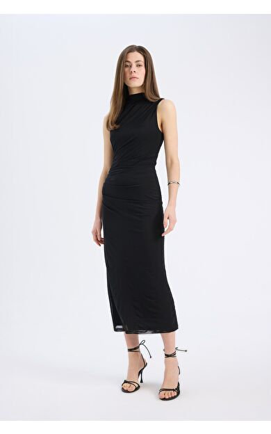 DeFacto Bodycon Vücudu Saran Yarım Balıkçı Yaka Basic Düz Tül Kolsuz Maxi Elbise