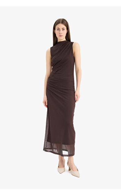 DeFacto Bodycon Vücudu Saran Yarım Balıkçı Yaka Basic Düz Tül Kolsuz Maxi Elbise