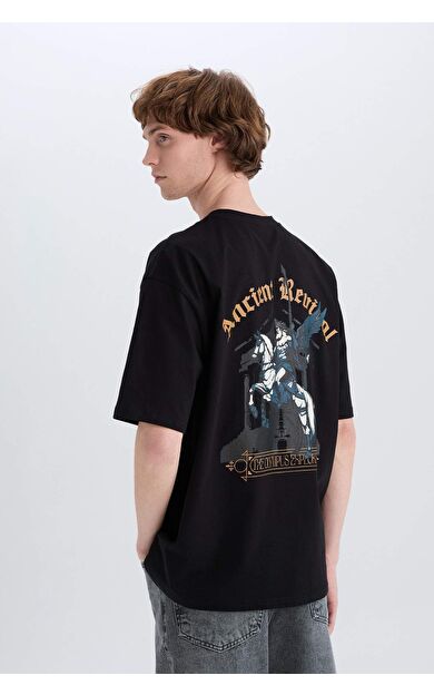 DeFacto Oversize Geniş Kalıp Bisiklet Yaka Sırt Baskılı Kısa Kollu Tişört C3631AX25SMBK81