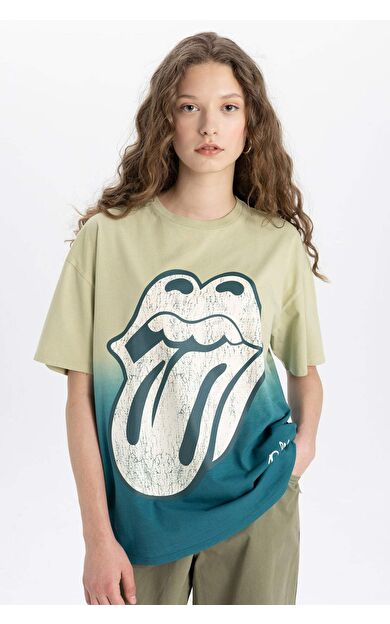 DeFacto Rolling Stones Oversize Fit Bisiklet Yaka Baskılı Kısa Kollu Tişört C3770AX24SMKH447