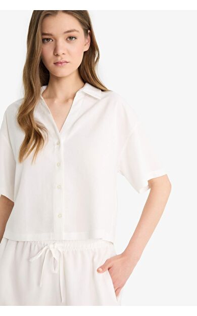 DeFacto Oversize Geniş Kalıp Gömlek Yaka Keten Karışımlı Kısa Kollu Gömlek C3807AX25SMWT32