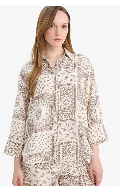 DeFacto Regular Fıt Gömlek Yaka Baskılı Uzun Kollu Gömlek