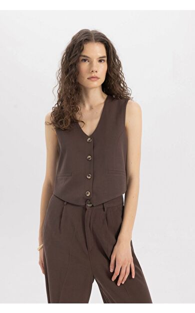 DeFacto DeFactoFit V Yaka Keten Karışımlı Blazer Yelek