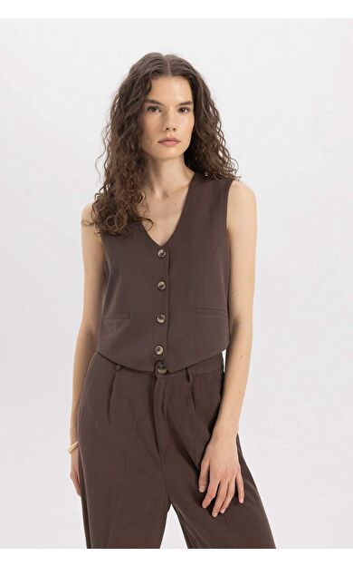 DeFactoFit V Yaka Keten Karışımlı Blazer Yelek