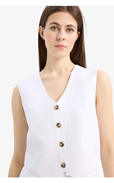 V Yaka Keten Karışımlı Yelek C3828AX25SMWT34