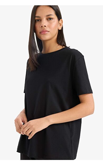 Regular Fit Bisiklet Yaka Basic Düz Penye Kısa Kollu Siyah Tişört