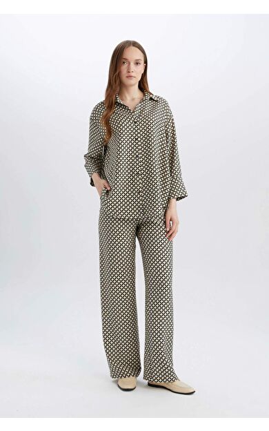 DeFacto Wide Leg Geniş Bol Paça Desenli Yüksel Rahat Pantolon