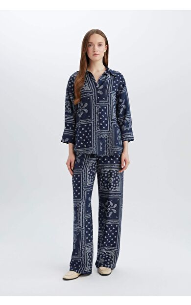 Wide Leg Geniş Bol Paça Desenli Yüksel Rahat Pantolon