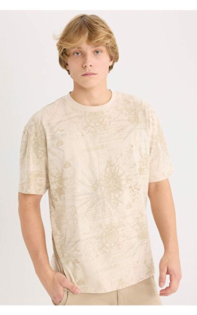 DeFacto Boxy Fit Bisiklet Yaka Desenli Kısa Kollu Tişört