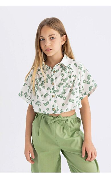 DeFactoFit Kız Çocuk Crop Pamuklu Çiçekli Kısa Kollu Gömlek