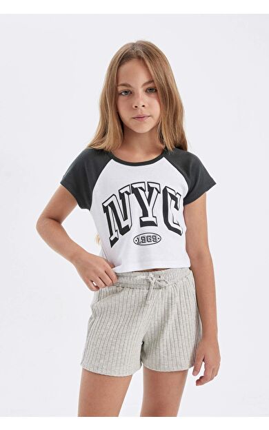 DeFactoFit Kız Çocuk Crop Bisiklet Yaka Baskılı Kısa Kollu Tişört C4452A824SMAR211