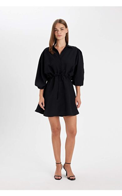 Gömlek Yaka Modal Uzun Kollu Mini Elbise