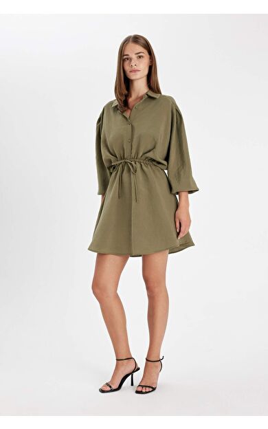 DeFactoFit Gömlek Yaka Modal Uzun Kollu Mini Elbise