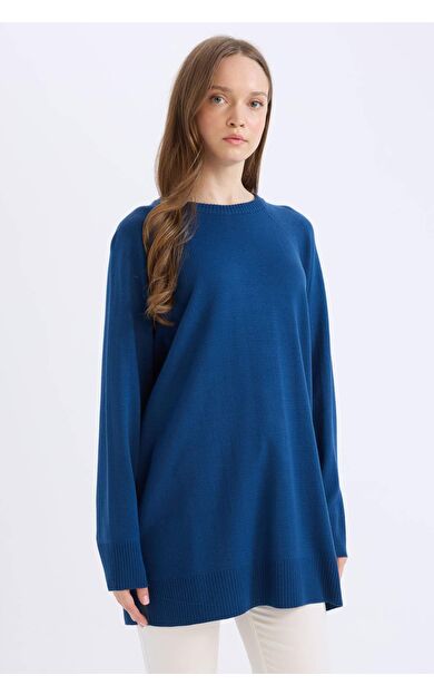 Regular Fit Bisiklet Yaka Basic Düz Triko Kazak Tunik