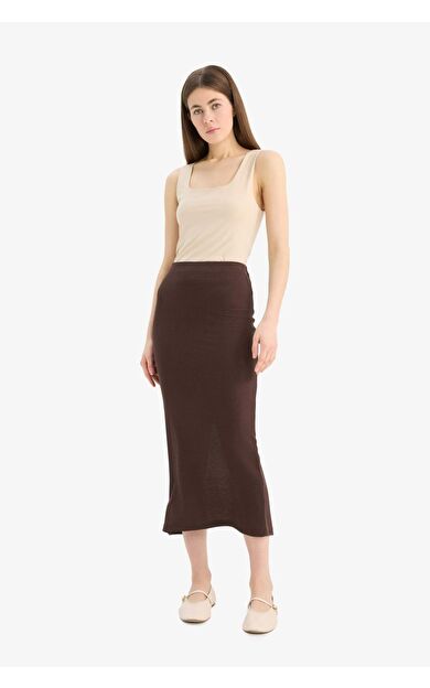 DeFacto Yüksek Bel Fitilli Kaşkorse Basic Düz Maxi Kahve Etek