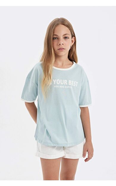 DeFactoFit Kız Çocuk Oversize Fit Bisiklet Yaka Baskılı Kısa Kollu Tişört C4505A824SMBE505