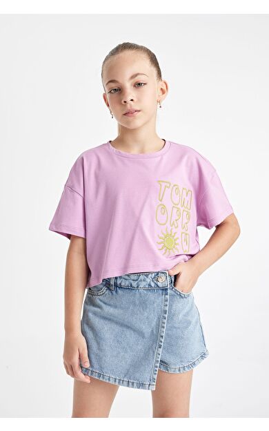 DeFacto DeFactoFit Kız Çocuk Crop Bisiklet Yaka Baskılı Kısa Kollu Tişört C4506A824SMPR61