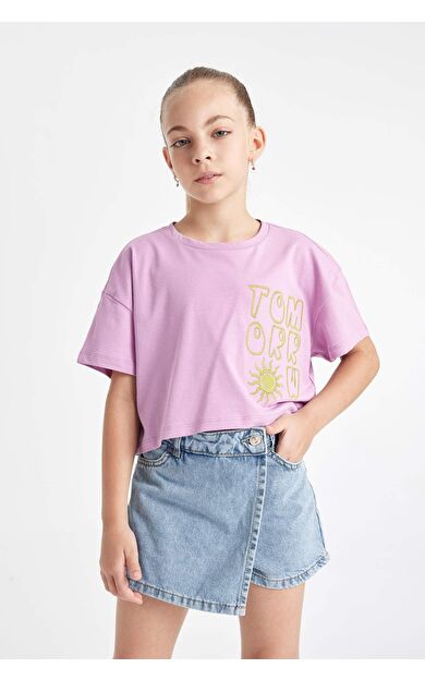 DeFactoFit Kız Çocuk Crop Bisiklet Yaka Baskılı Kısa Kollu Tişört C4506A824SMPR61