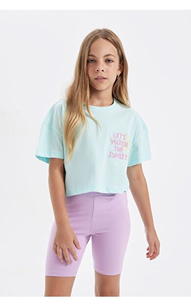 DeFacto DeFactoFit Kız Çocuk Crop Bisiklet Yaka Baskılı Kısa Kollu Tişört C4506A824SMTR494