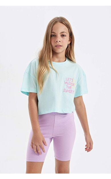 DeFactoFit Kız Çocuk Crop Bisiklet Yaka Baskılı Kısa Kollu Tişört C4506A824SMTR494