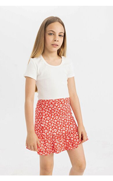 DeFacto Kız Çocuk Slim Fit Bisiklet Yaka Basic Fitilli Kaşkorse Kısa Kollu Tişört C4510A824SMWT16