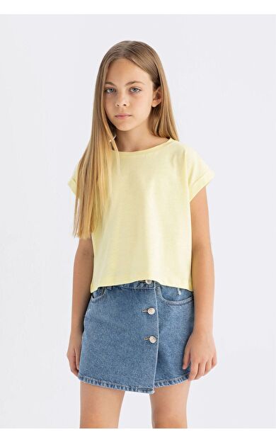 DeFacto DeFactoFit Kız Çocuk Boxy Fit Bisiklet Yaka Basic Kısa Kollu Tişört C4511A824SMYL270