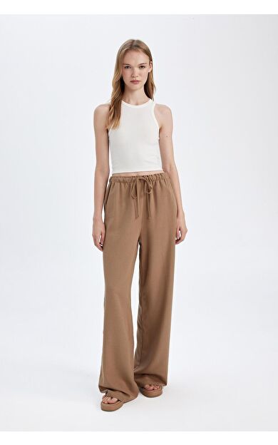 DeFacto Wide Leg Geniş Bol Paça Üç Cepli Normal Bel Basic Düz Standart Boy Keten Karışımlı Pantolon