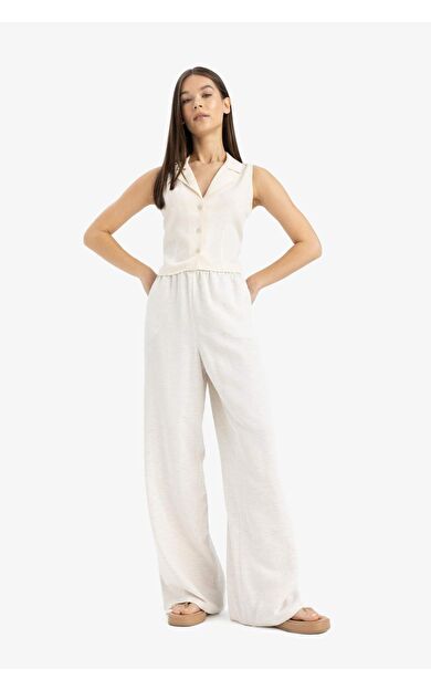DeFacto Keten Karışımlı Pantolon Wide Leg Geniş Bol Paça Üç Cepli Normal Bel Basic Düz Standart Boy C4545AX25SPBG155