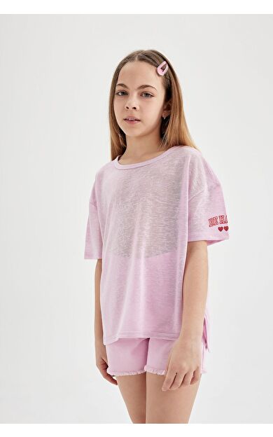 DeFacto Kız Çocuk Oversize Fit Kol Baskılı Kısa Kollu Tişört