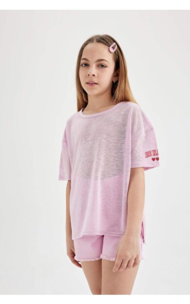 DeFacto Kız Çocuk Oversize Fit Kol Baskılı Kısa Kollu Tişört