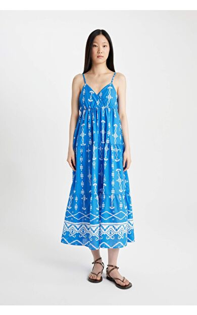 DeFactoFit V Yaka Baskılı Vual Kolsuz Maxi Elbise