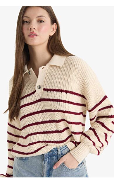 Coool Relax Fit Polo Yaka Düğmeli Çizgili Triko Kazak C4918AX25WNBG647