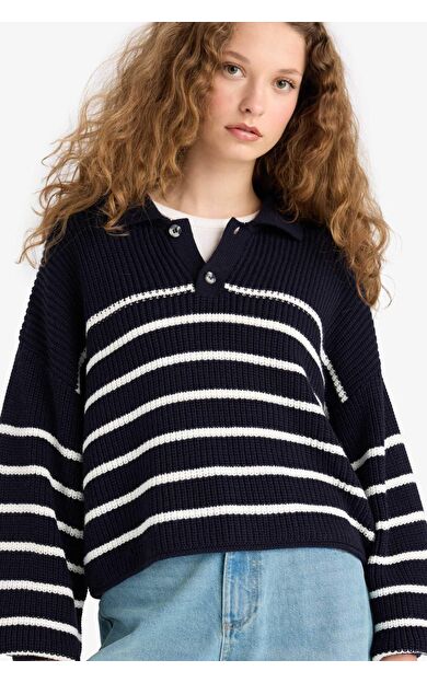 Coool Relax Fit Polo Yaka Düğmeli Çizgili Triko Kazak C4918AX25WNNV31