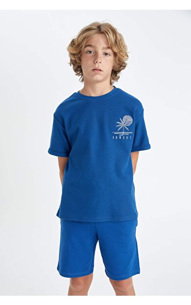 DeFactoFit Erkek Çocuk Bisiklet Yaka Nakışlı Waffle Kısa Kollu Tişört