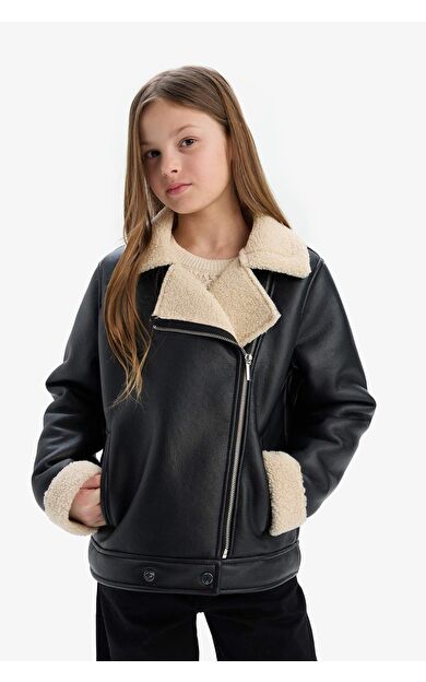 DeFacto Kız Çocuk Su İtici Ceket Yaka Pelüş Astar Suni Deri Ceket Mont