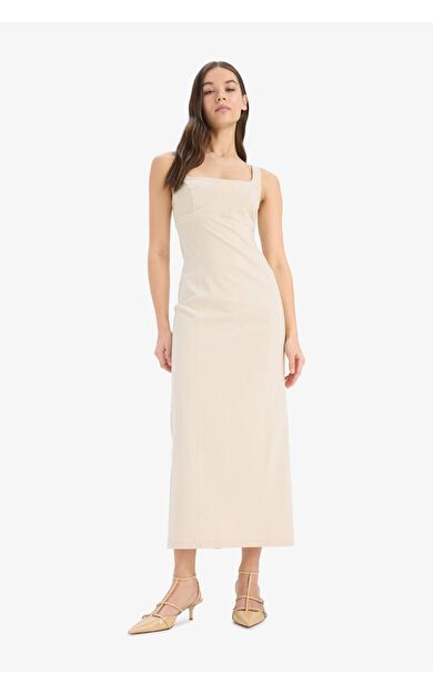 Bodycon Vücudu Saran Basic Düz Kare Yaka Askılı Maxi Elbise