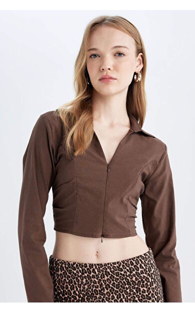 Fitted Gömlek Yaka Bengalin Uzun Kollu Bluz