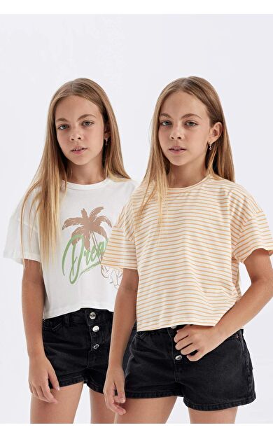 DeFactoFit Kız Çocuk Crop Bisiklet Yaka Baskılı 2'li Kısa Kollu Tişört