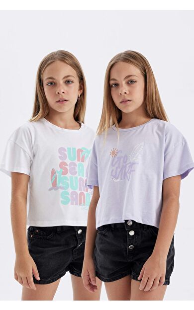 DeFactoFit Kız Çocuk Crop Top Bisiklet Yaka Baskılı 2'li Kısa Kollu Tişört