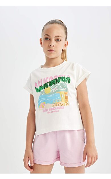 DeFactoFit Kız Çocuk Boxy Fit Bisiklet Yaka Tropikal Desenli Kısa Kollu Tişört