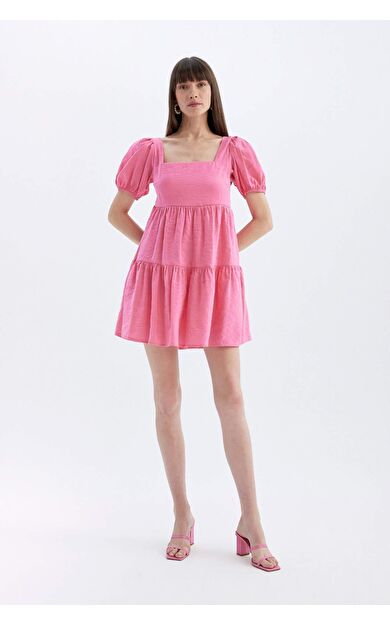 Babydoll Kare Yaka Kısa Kollu Midi Elbise