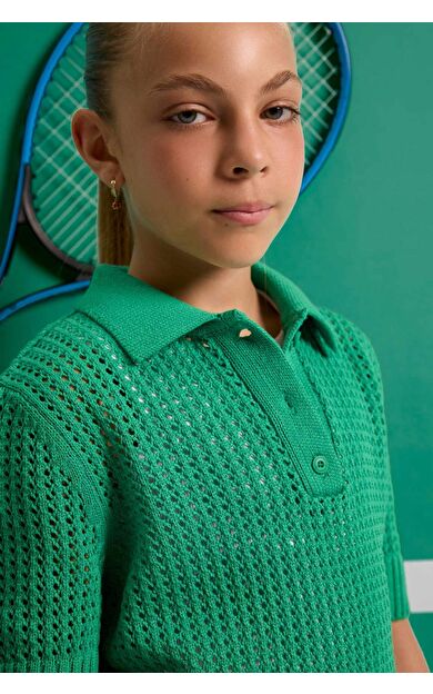 DeFacto Kız Çocuk Cropped Fit Polo Yaka Kazak