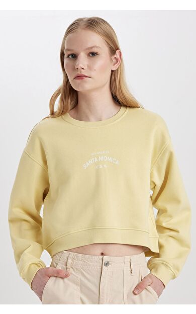 DeFacto Boxy Fit Bisiklet Yaka Baskılı Crop Sweatshirt