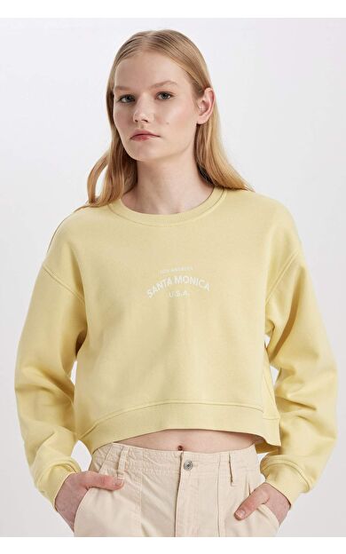 DeFacto Boxy Fit Bisiklet Yaka Baskılı Crop Sweatshirt