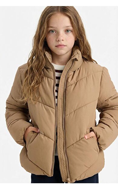 Kız Çocuk Su Geçirmez Polar Astarlı Fermuarlı Şişme Mont