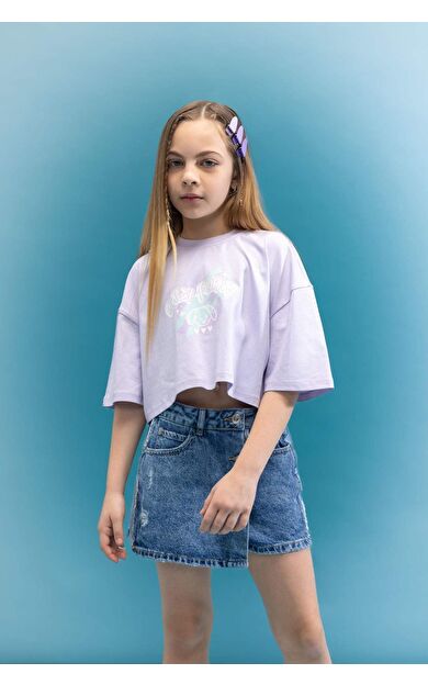 DeFactoFit Kız Çocuk Crop Baskılı Kısa Kollu Tişört