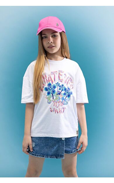 DeFactoFit Kız Çocuk Oversize Fit Bisiklet Yaka Kısa Kollu Tişört C5462A824SMWT34